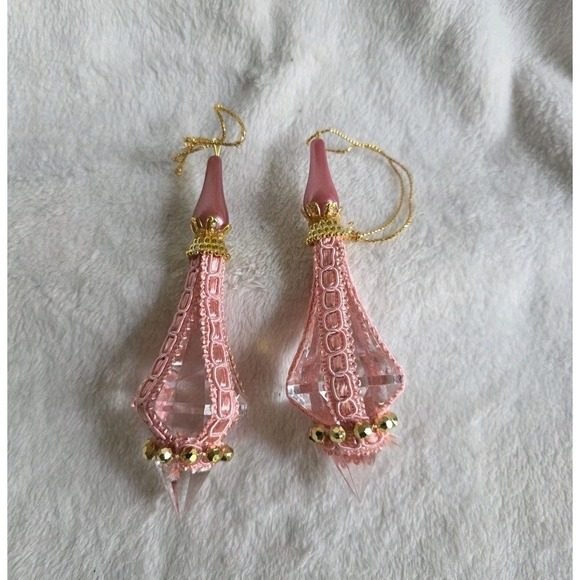 The Unbranded Brand Other - Vintage Pink Lace & Crystal Drop Ornaments–Set of 2 Elegant Hanging Decorations